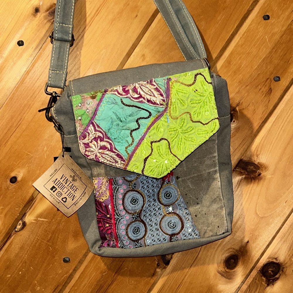 NWT Vintage Addiction recycled military tent with vintage fabric crossbody bag